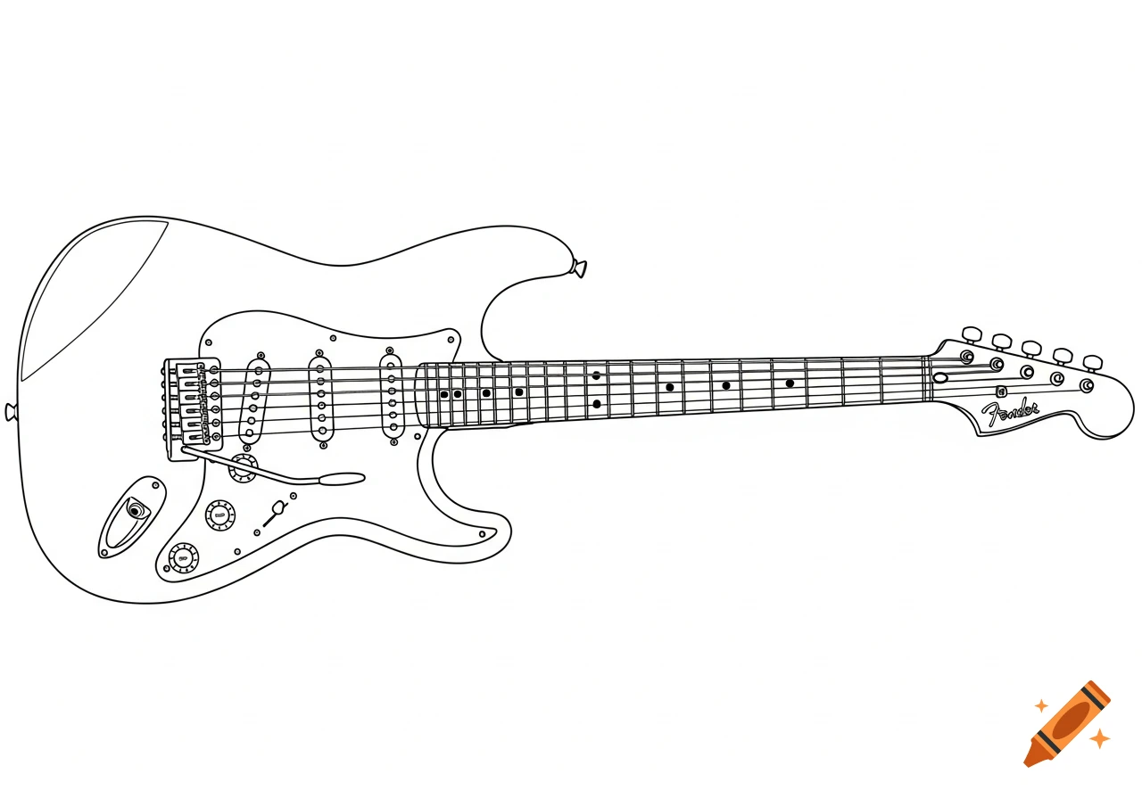 A black and white line drawing of a Fender Stratocaster electric guitar.
