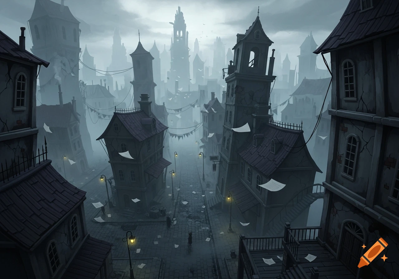 A dark, stylized fantasy cityscape with leaning, dilapidated buildings, glowing street lamps, and papers flying in a heavy fog.