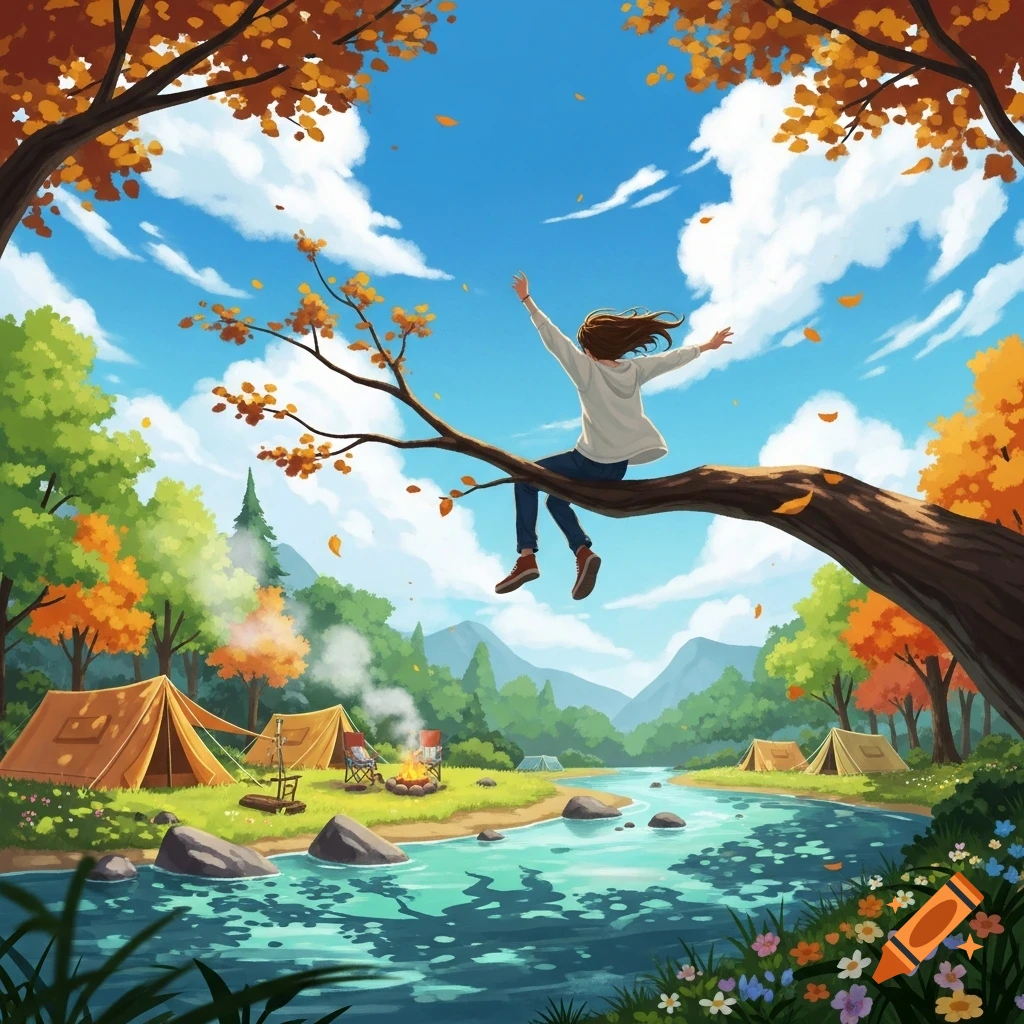 Stylized illustration of a person sitting on a tree branch with arms outstretched, overlooking an autumn riverbed campsite with tents and a campfire.