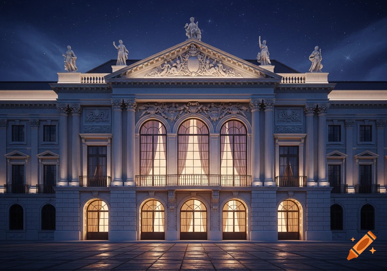 A grand classical building at night, illuminated by warm lights, under a starry sky.