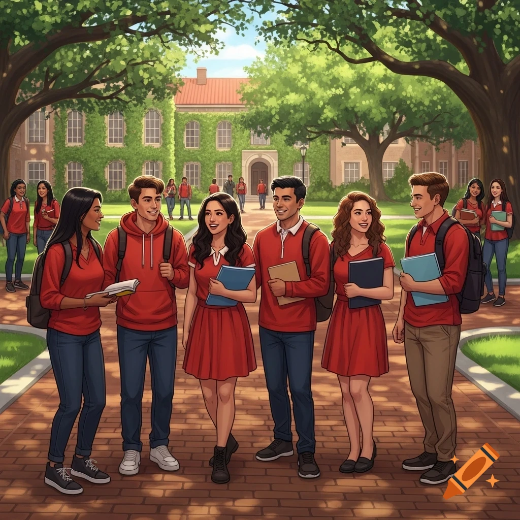 Illustrated scene of diverse college students in red shirts and dresses, holding books, on a sunny university campus path.