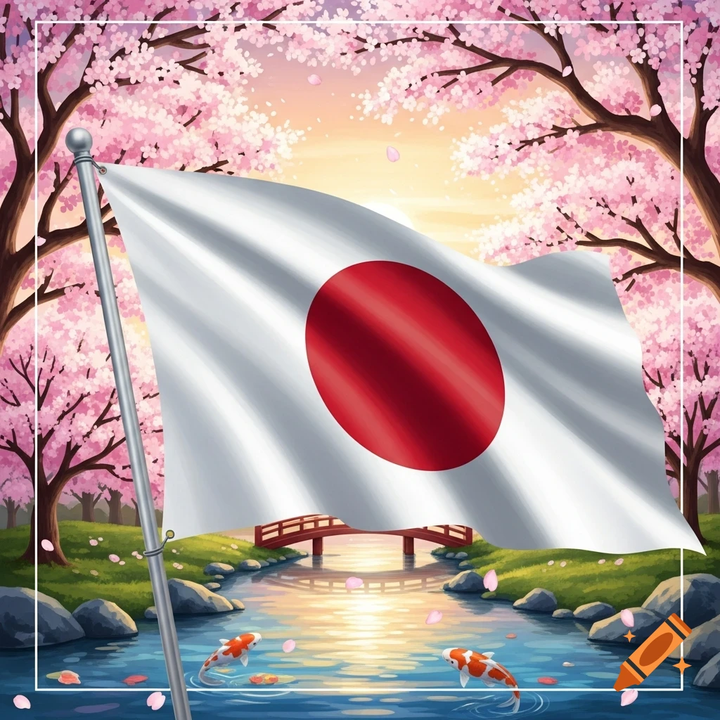 Stylized illustration of the Japanese flag waving in a cherry blossom landscape with a stream, a red bridge, and koi fish.