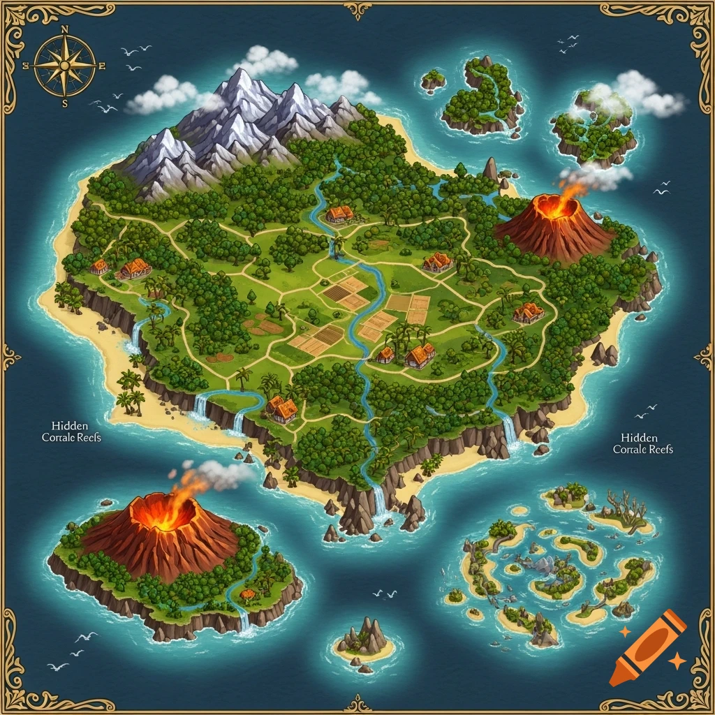 Isometric fantasy map of a vibrant island world with mountains, volcanoes, rivers, forests, farms, and coastal reefs.