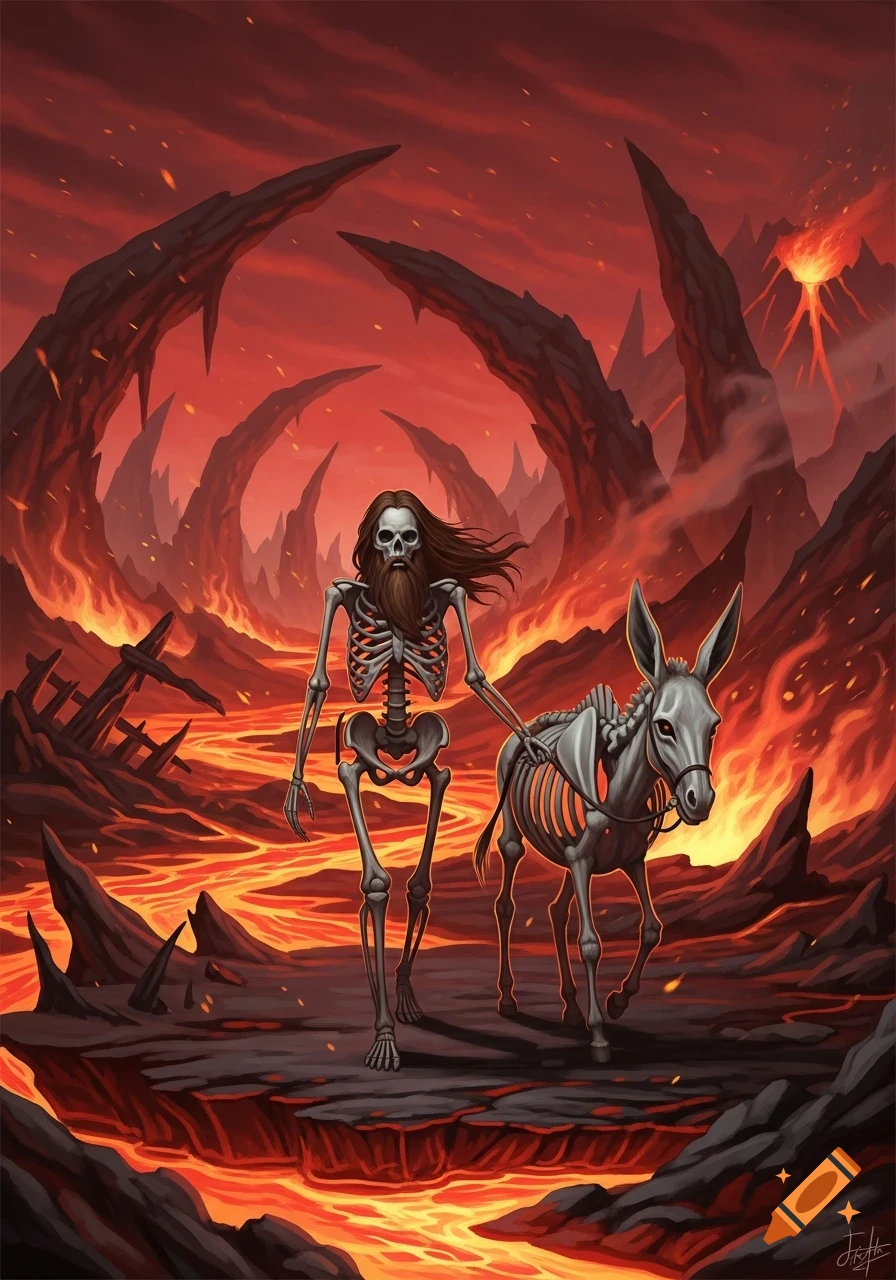 A bearded skeleton leads a donkey skeleton through a fiery, lava-filled hellscape with jagged rocks and a distant volcano, illustrated.