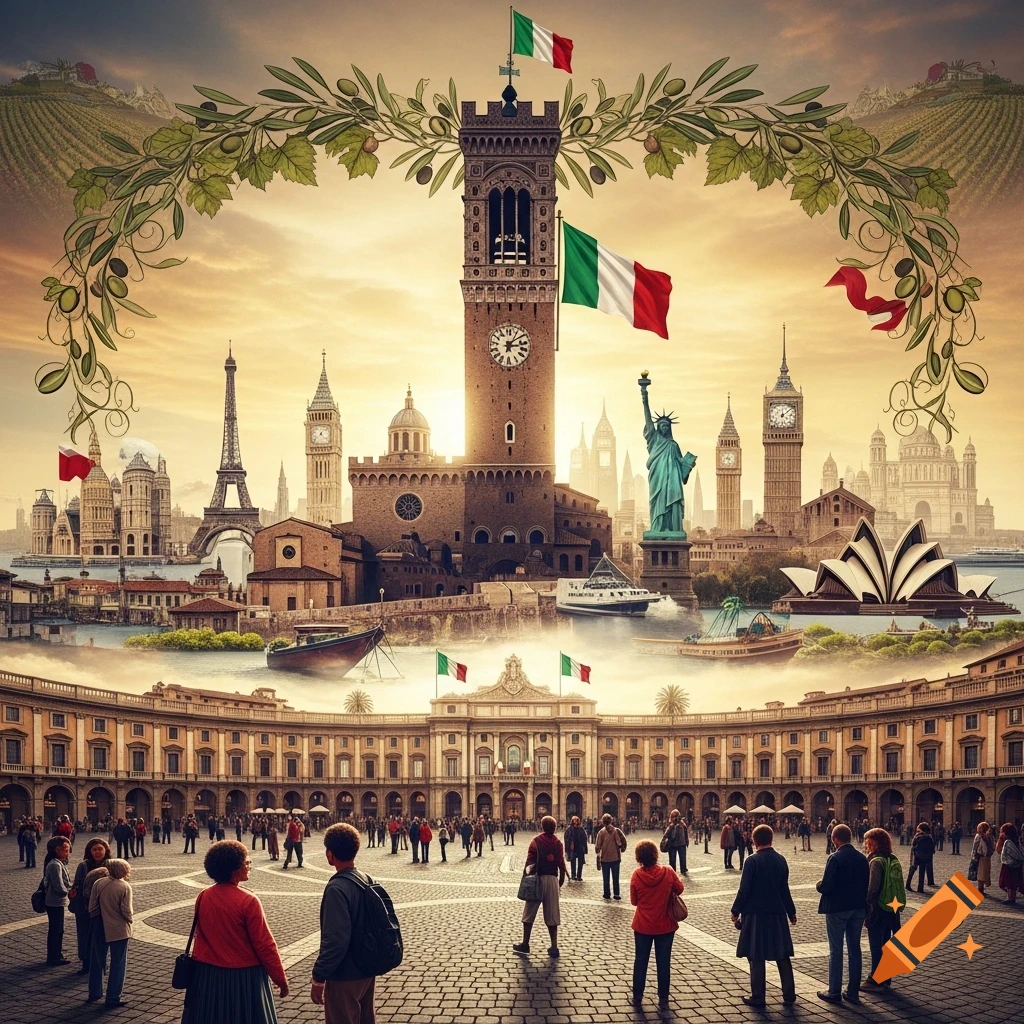 A surreal composite image depicting famous global landmarks like the Eiffel Tower, Big Ben, and Statue of Liberty, centered around a tall Italian-style clock tower with Italian flags. People gather in a large square in the foreground, all framed by olive branches and grapevines against a sunset sky.