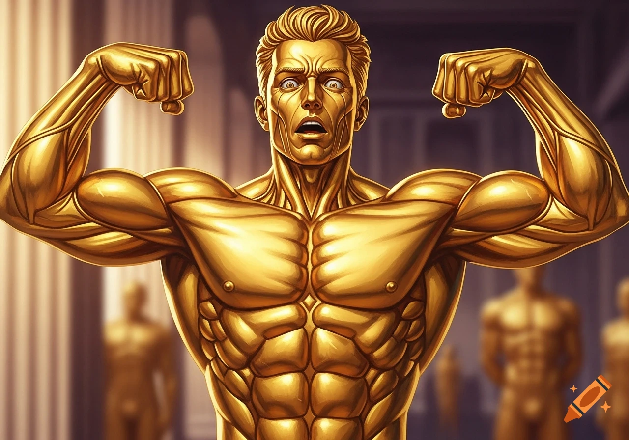An illustrated golden statue of a muscular man flexing his biceps with a surprised expression, in a retro anime style.