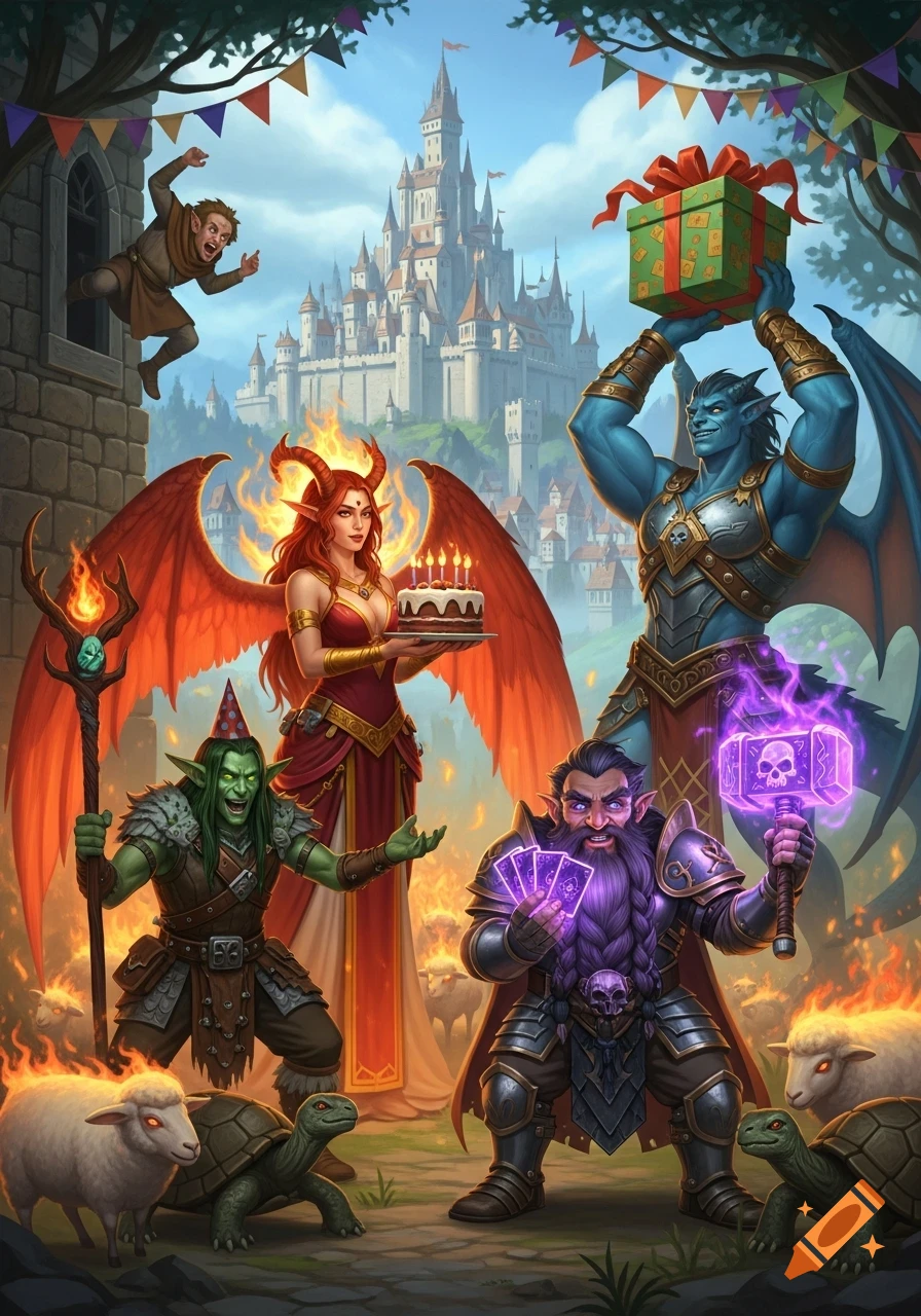 Fantasy illustration of various creatures, including a demoness, goblin, dwarf, and blue gargoyle, celebrating a birthday in front of a castle, with glowing sheep and turtles.