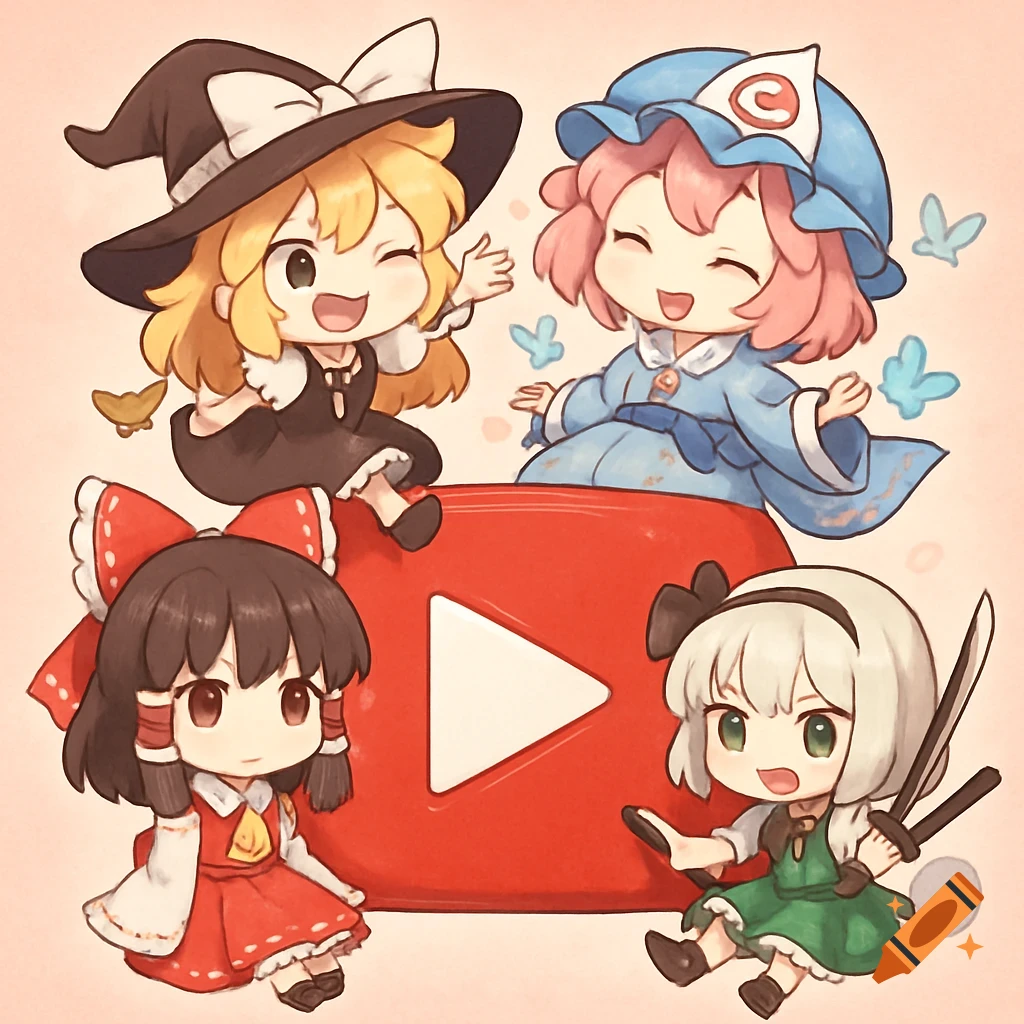 Four chibi anime girls are sitting and standing around a large red YouTube play button logo.