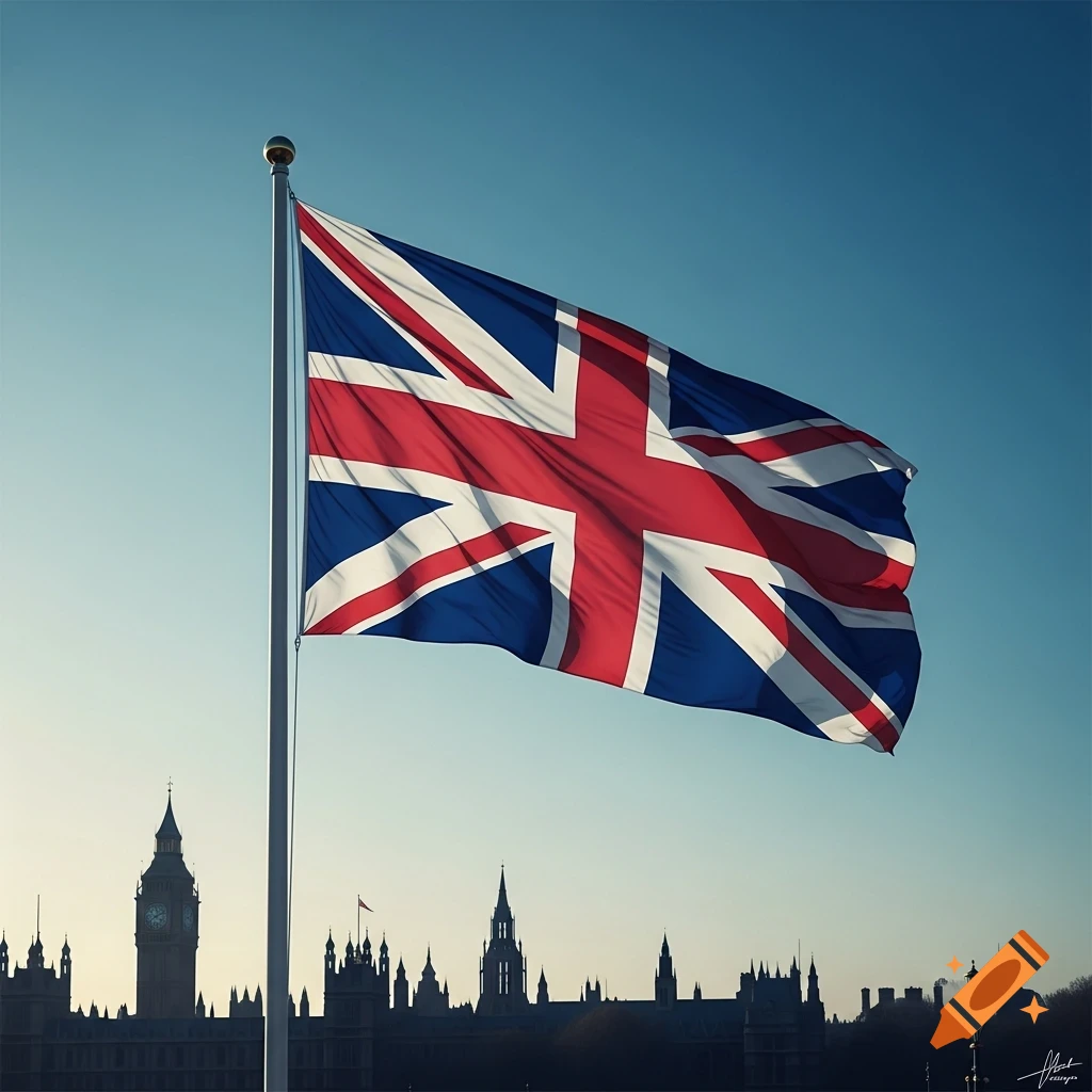 Photorealistic image of the British flag flying over the Houses of Parliament and Big Ben in London against a clear sky.