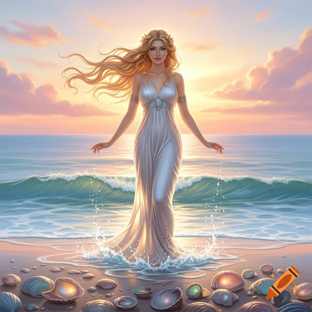 A blonde goddess-like woman in a white gown stands in the ocean at sunset, surrounded by seashells.