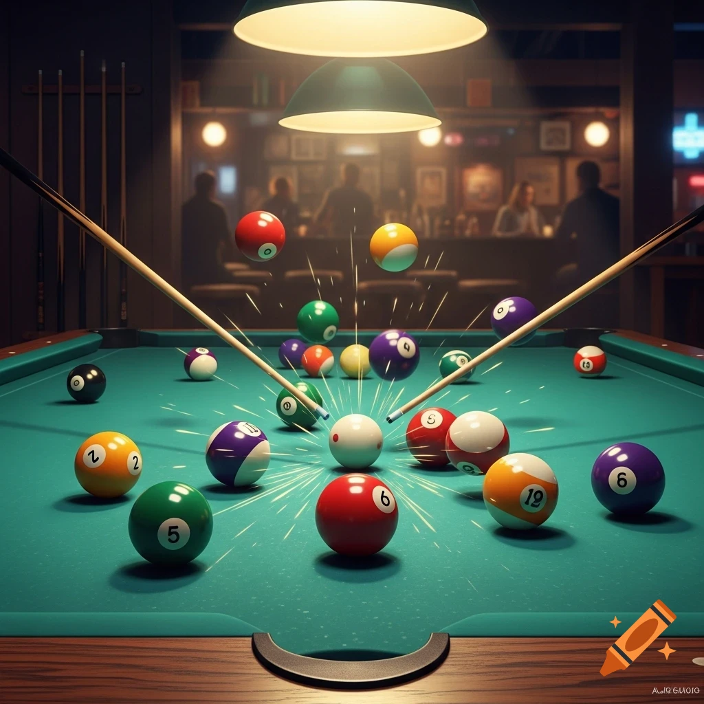 A dynamic, photorealistic image of billiard balls exploding outward from a rack break on a pool table in a dimly lit bar, cues striking the white ball, with other players blurred in the background.
