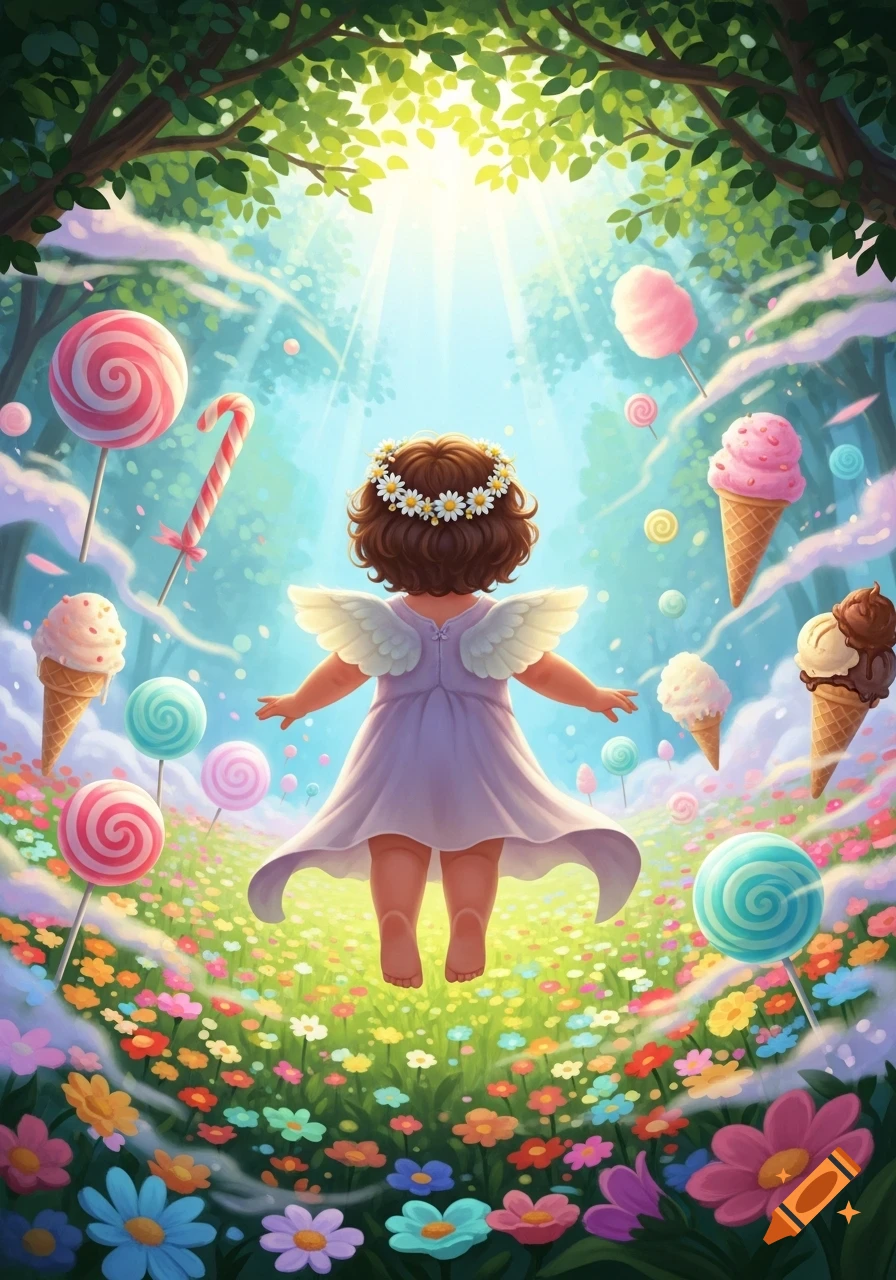 A cherub with wings and a flower crown floats in a vibrant fantasy garden filled with colorful flowers, lollipops, ice cream, and cotton candy.