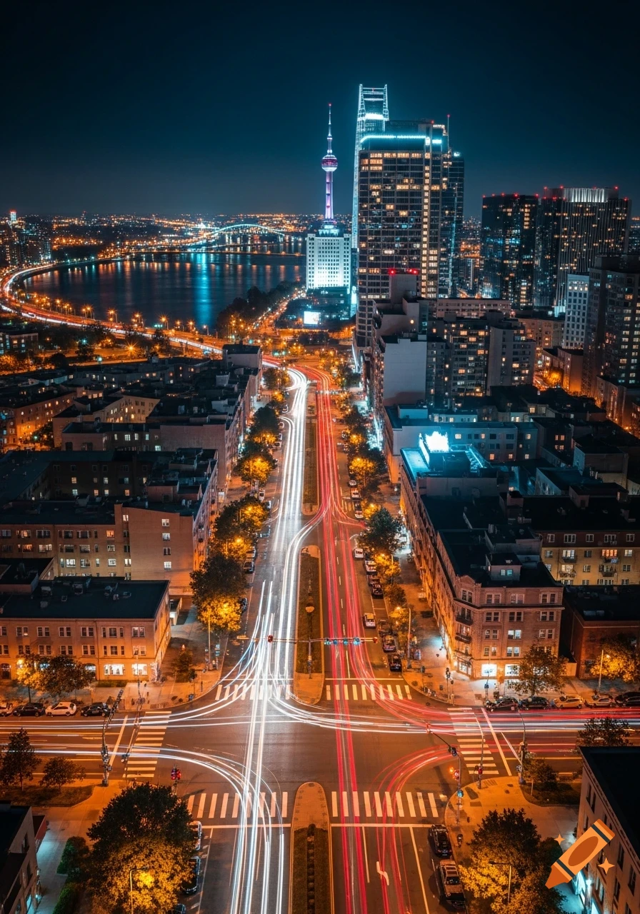 Aerial view of a vibrant city at night with long exposure light trails on busy roads, tall buildings, and a river reflecting city lights.