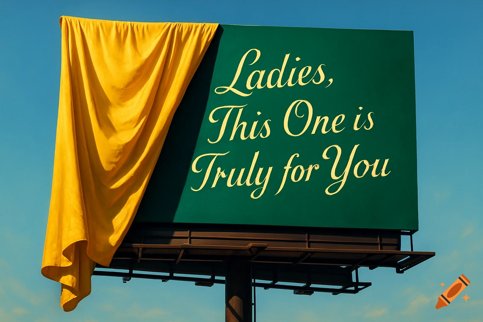 A large billboard, partially covered by a yellow curtain, displays the text 'Ladies, This One is Truly for You' on a dark green background under a clear blue sky.
