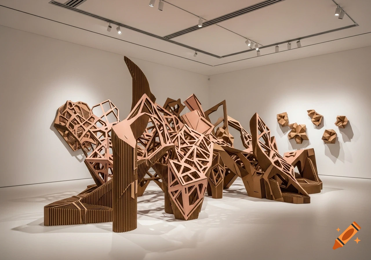 A large, intricate abstract sculpture made of cut and layered cardboard is displayed in a brightly lit art gallery.