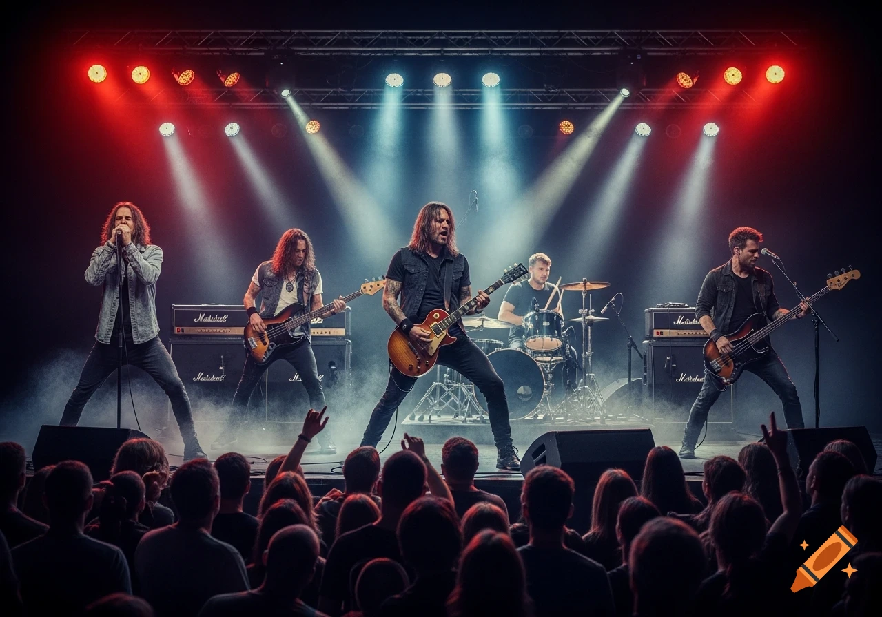 A photorealistic rock band performs on stage under bright red and blue lights to a crowd.