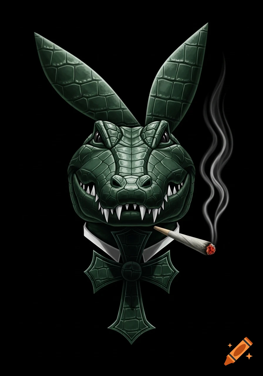 A green, leather-textured crocodile head with bunny ears, wearing a white collar and gothic cross bow tie, smoking a lit joint on a black background.