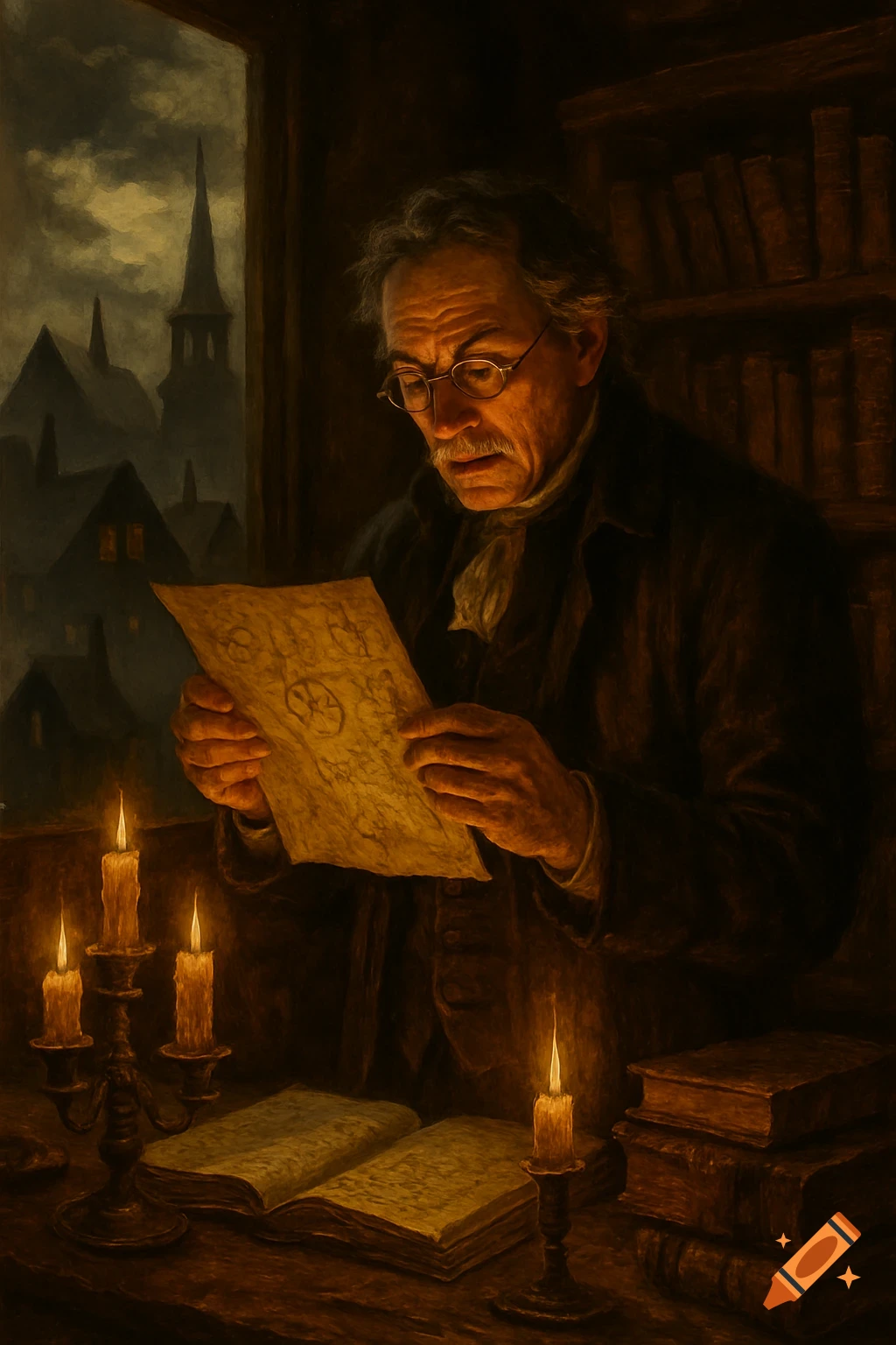 An old man with glasses and a mustache studies a document with symbols by candlelight in a dark room filled with books, in a painterly style.