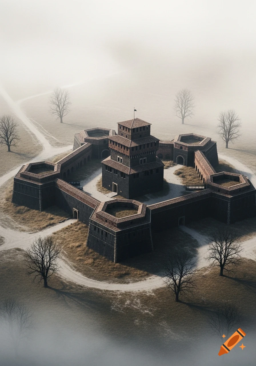 A high-angle view of a dark, multi-towered fortress with octagonal bastions, surrounded by barren trees and heavy fog.