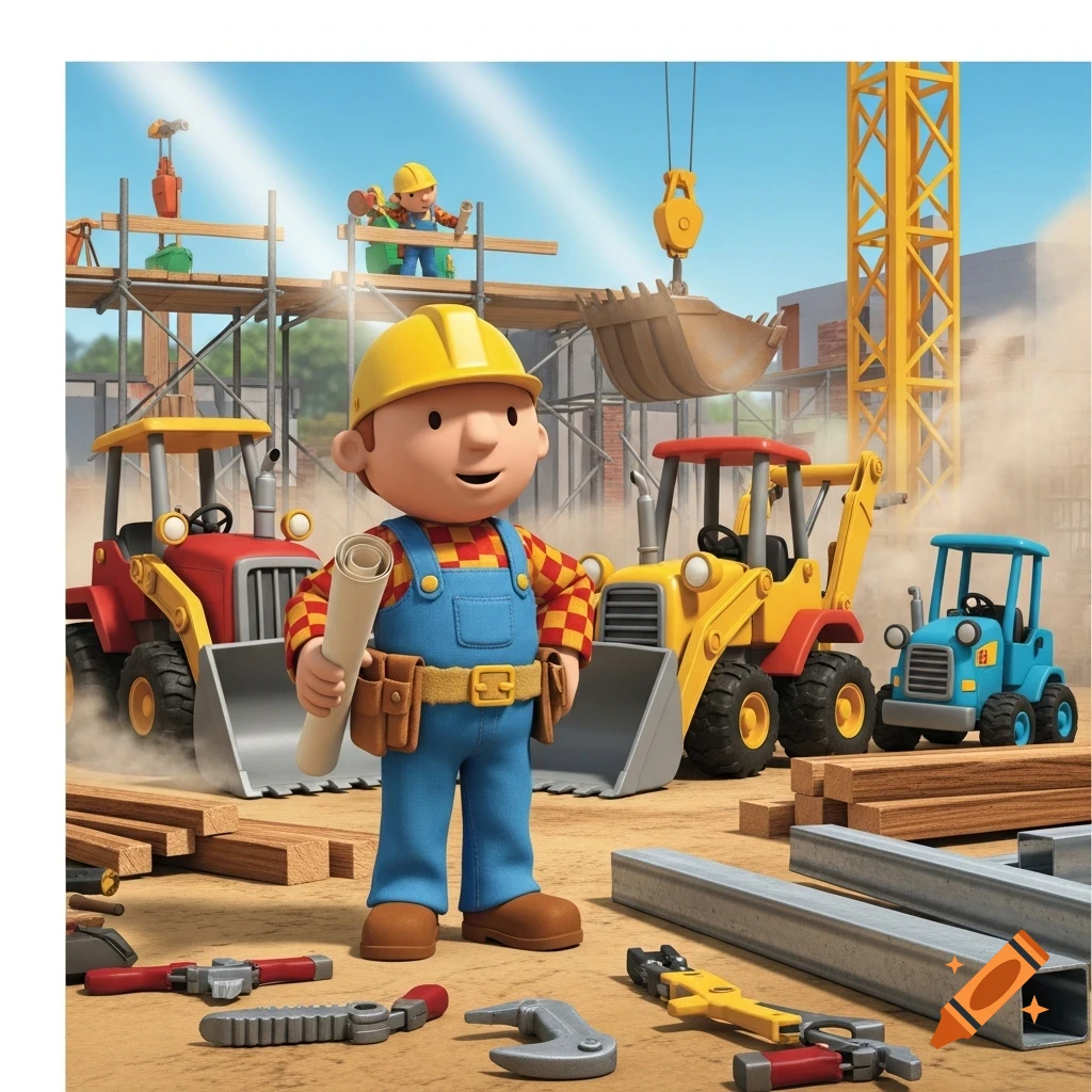Cartoon Bob the Builder holding blueprints at a sunny construction site with excavators and a crane.