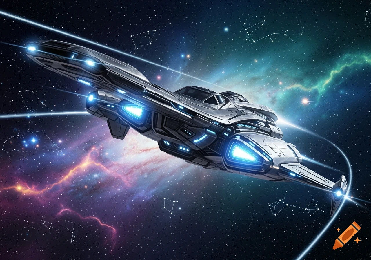 A sleek silver and black spaceship with bright blue lights flies through a vibrant, star-filled galaxy with colorful nebulae and constellations.
