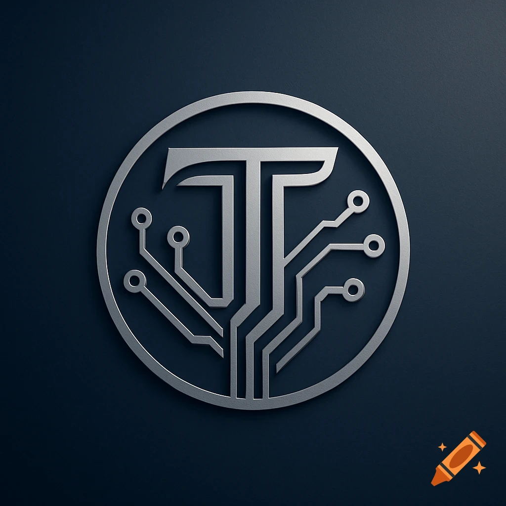 Silver metallic logo featuring a stylized letter T integrated with circuit board lines, inside a circle on a dark background.