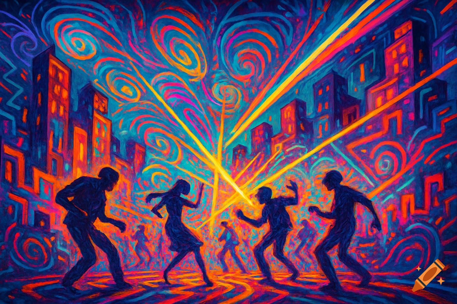 Vibrant, psychedelic painting of dancing silhouettes in a neon-lit cityscape with swirling patterns and light beams.