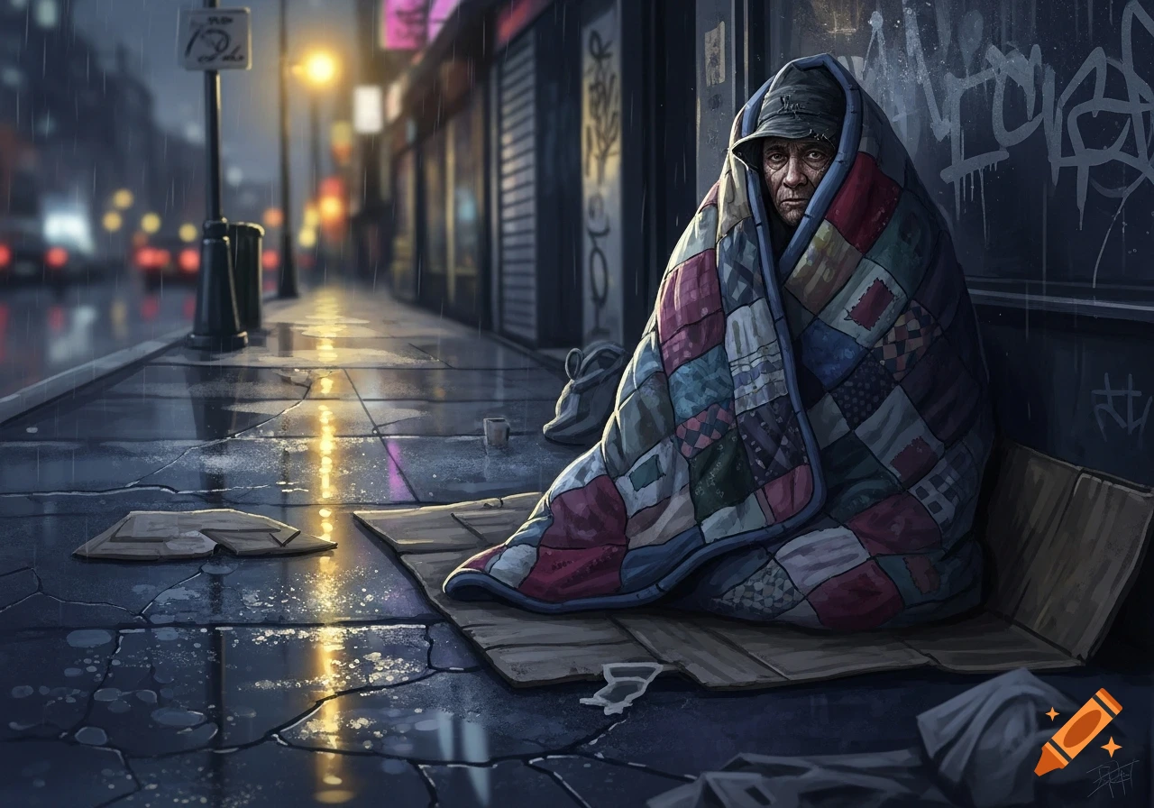 A person wrapped in a colorful quilt sits on cardboard on a rainy city street at night, with a lamppost and blurred city lights in the background.