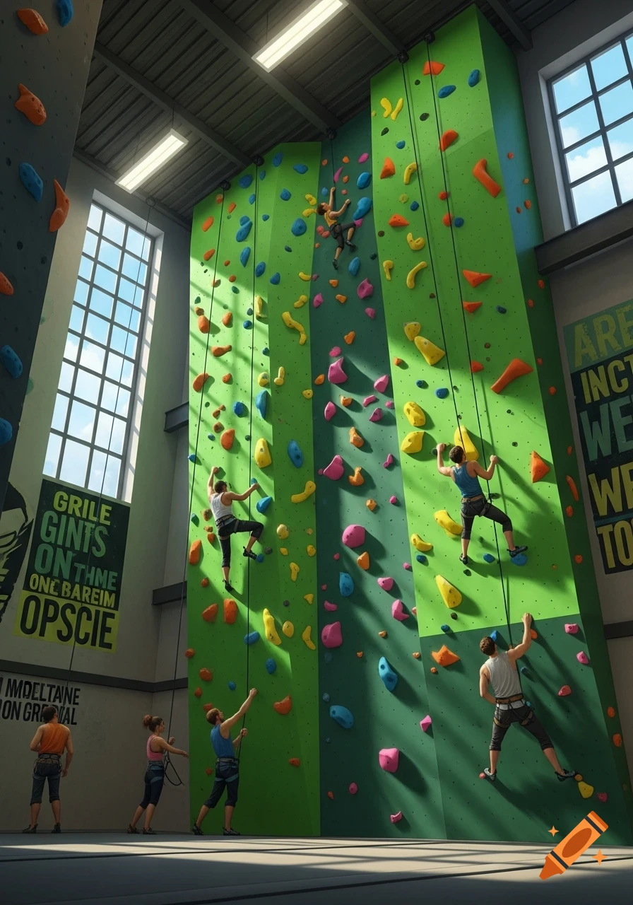 People rock climb on tall green walls with colorful holds in a brightly lit indoor gym.
