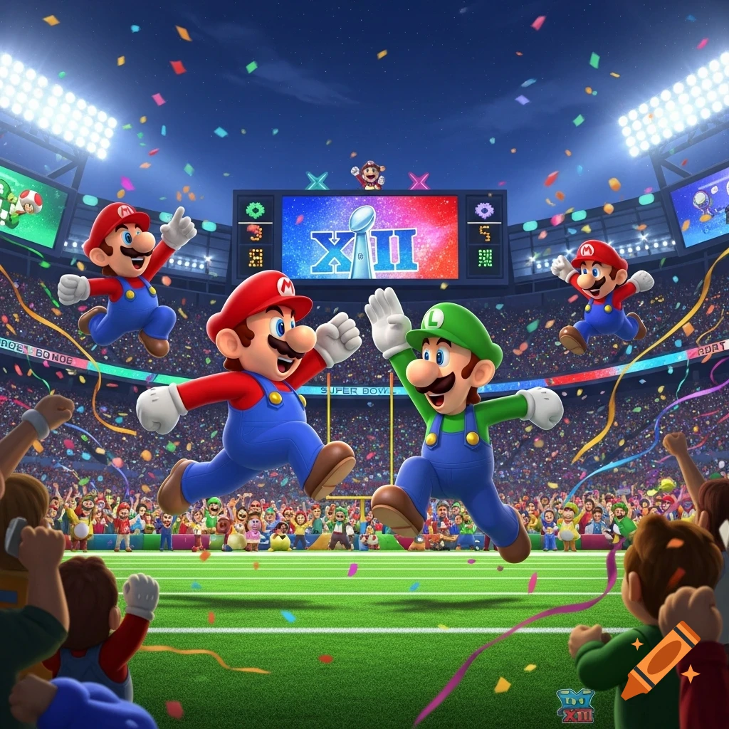 Mario and Luigi celebrate at a crowded Super Bowl stadium with confetti falling and a scoreboard showing 'XII'.