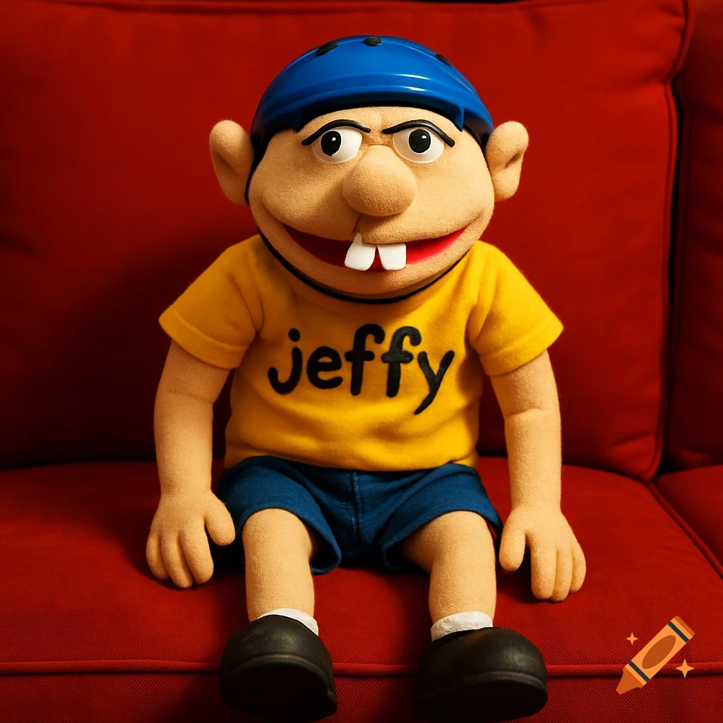 A realistic puppet with buck teeth and a blue helmet wears a yellow 'jeffy' shirt, blue shorts, and black shoes, sitting on a red couch.