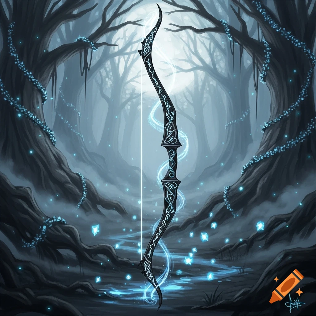 Ornate black magical longbow with blue glowing energy in a misty, dark fantasy forest with glowing vines and stream.
