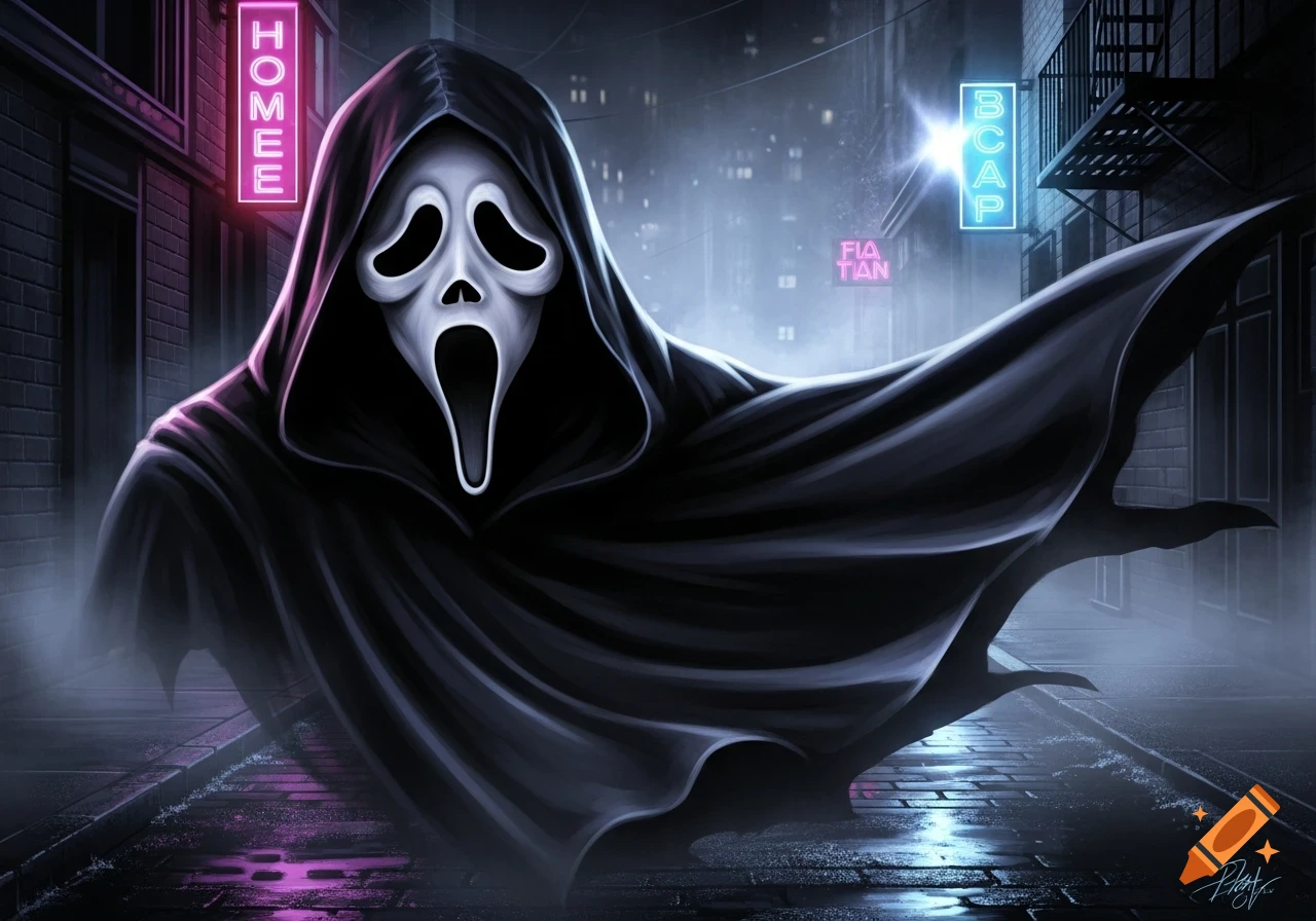 Stylized illustration of Ghostface in a dark, foggy city alley with glowing neon signs, in a dramatic, eerie pose.