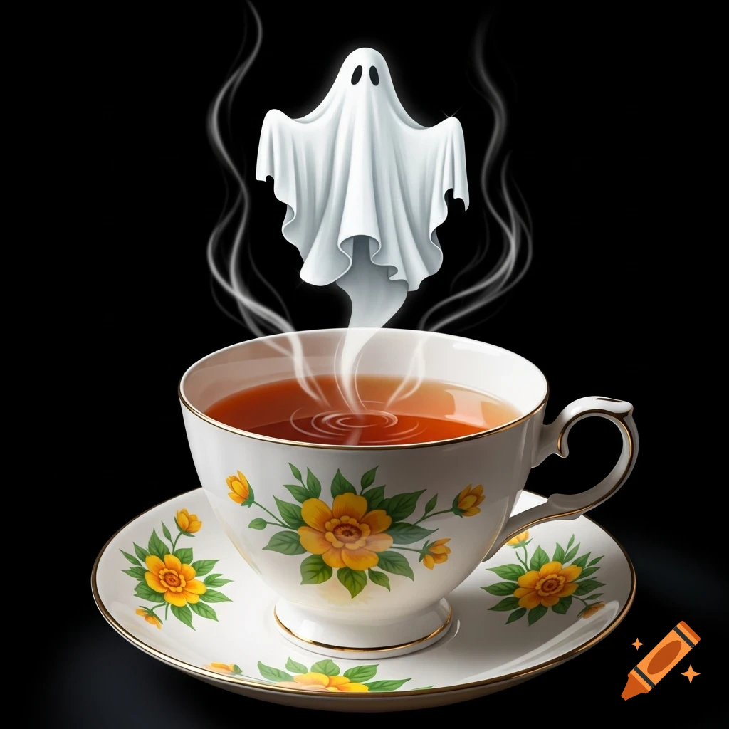 A white ghost with black eyes rises from a china teacup filled with tea, decorated with yellow flowers, against a black background.