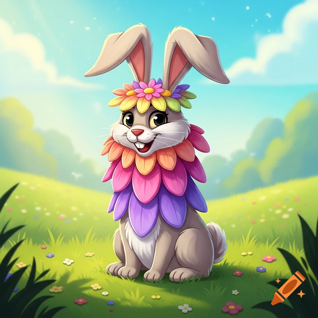 A cartoon rabbit with big colorful petals on its head and neck, sitting in a sunny green field with flowers.