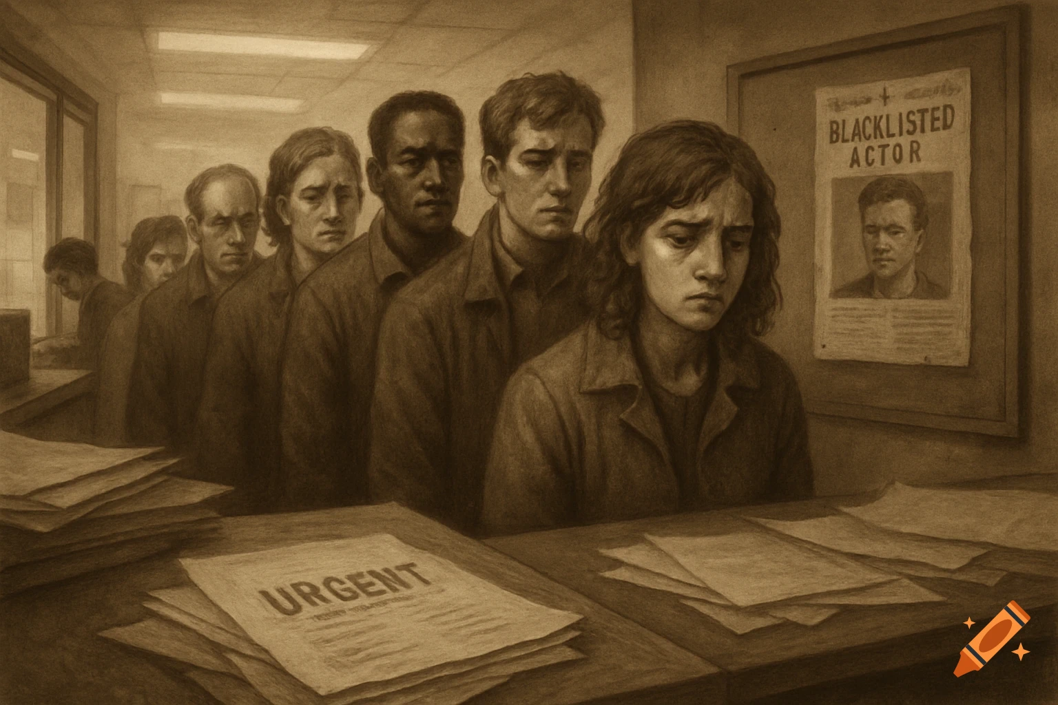 A sepia-toned illustration shows a line of people with worried expressions at a government office, with an 'URGENT' document and a 'BLACKLISTED ACTOR' poster.