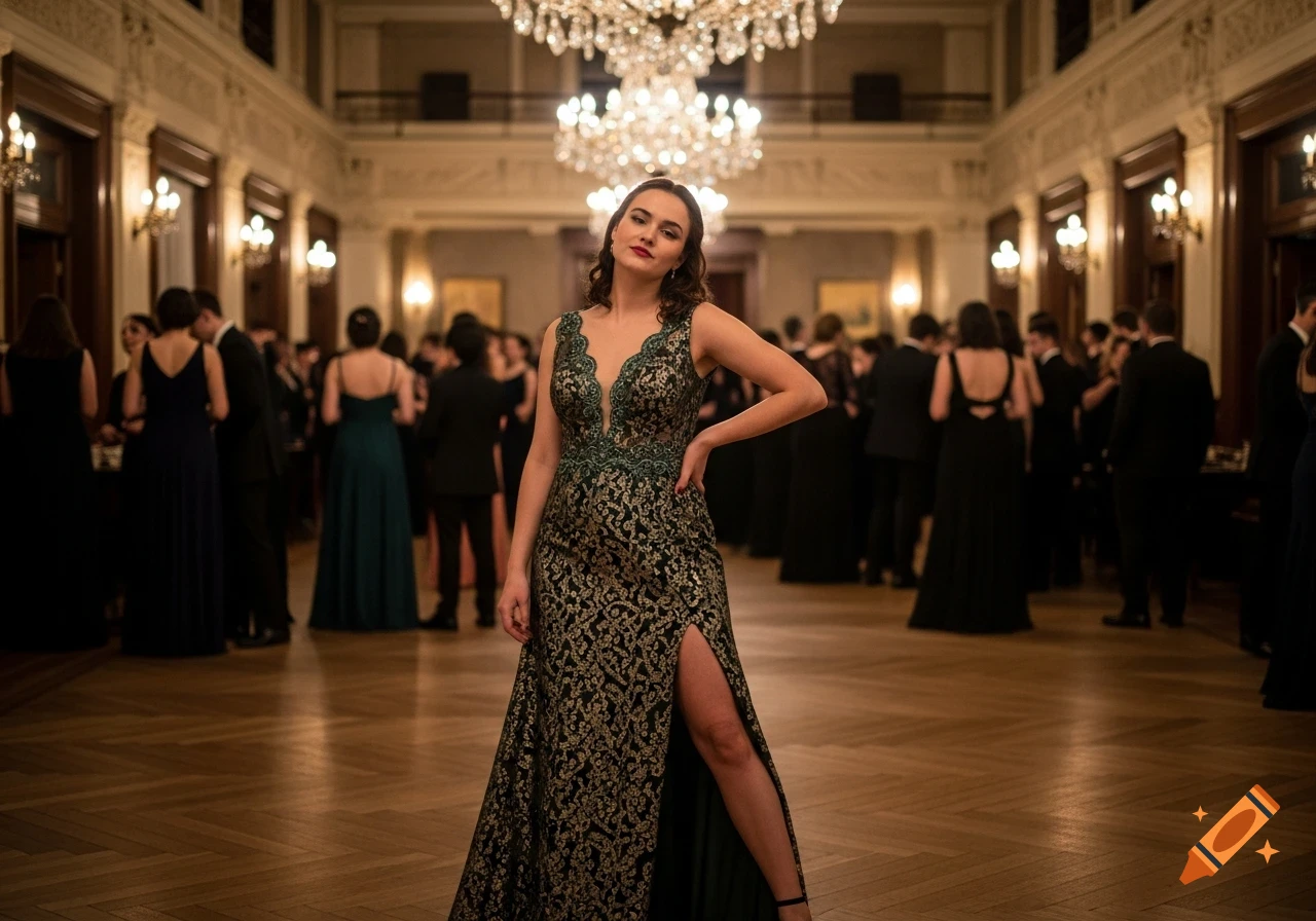 A woman in a gold and green evening gown with a long slit stands confidently in a crowded, ornate ballroom with chandeliers.