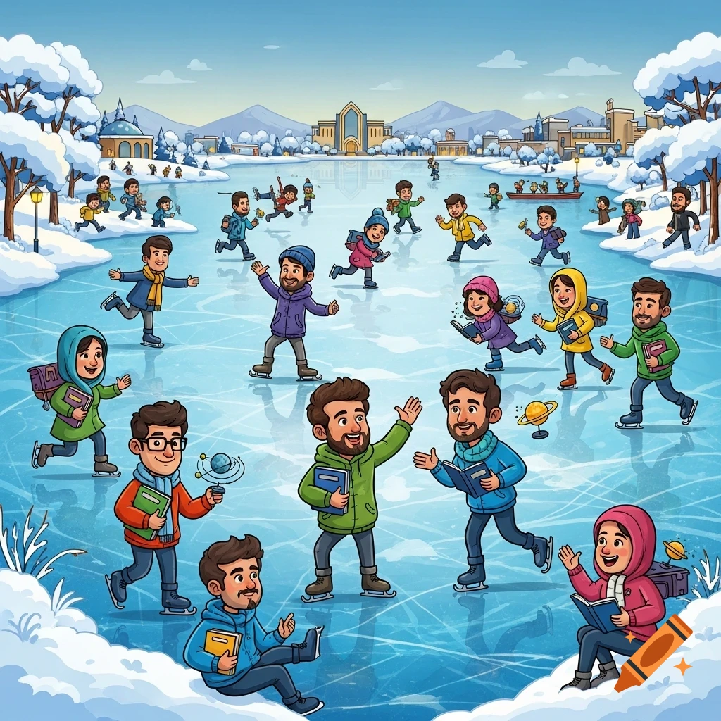 Cartoon illustration of people ice skating on a frozen lake in a snowy city, with some holding books and planet models.