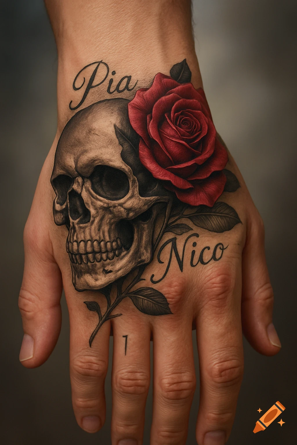 Photorealistic tattoo of a skull and red rose on a hand, with the names 'Pia' and 'Nico' in script.