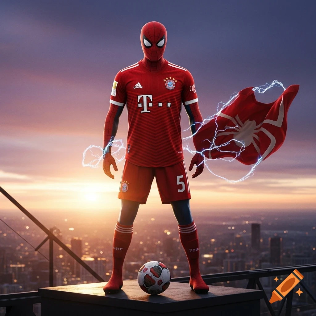 Spider-Man in a red Bayern Munich soccer jersey and shorts, with a soccer ball, standing on a rooftop at sunset, with lightning effects.