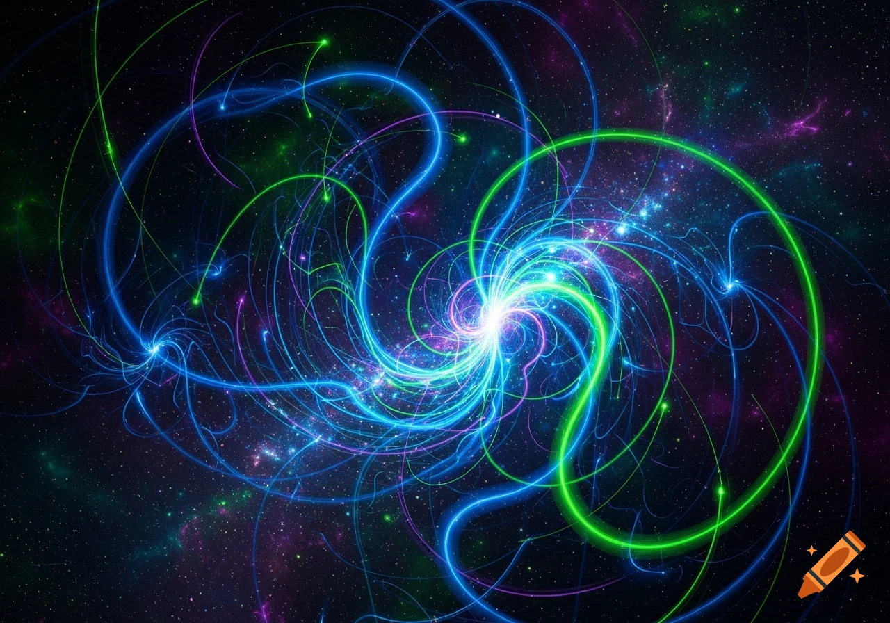 Abstract glowing blue, green, and purple light trails swirl in a star-filled cosmic background.