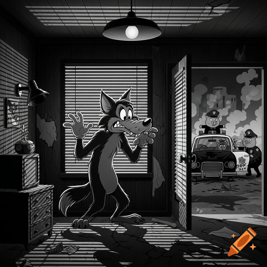A scared cartoon wolf in a run-down room reacts as pig police arrive outside, black and white Betty Boop style.