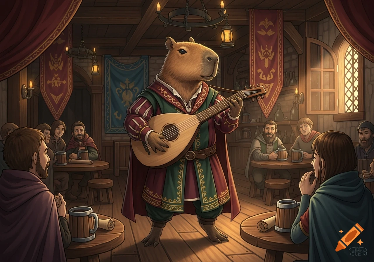 A humanoid capybara bard plays a lute-like instrument for a cheerful audience in a medieval tavern.