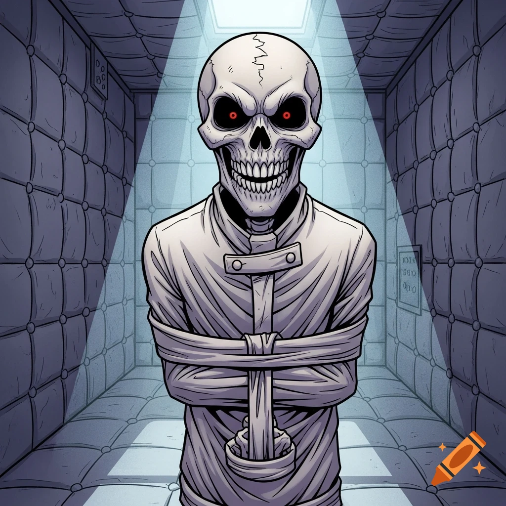 Comic-style skeleton with glowing red eyes and a sinister grin, wearing a straitjacket in a padded cell, lit from above.