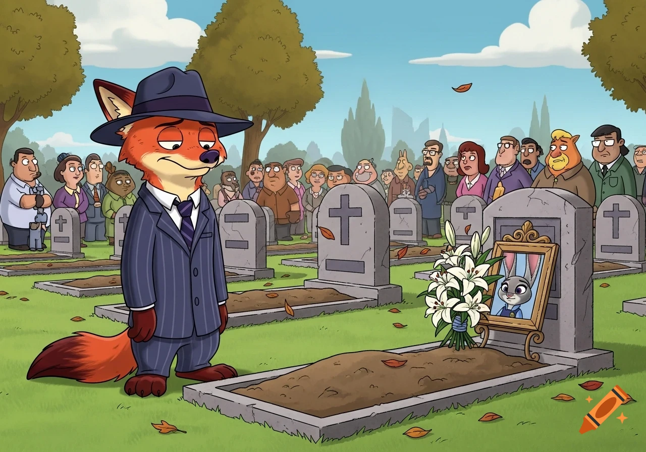 Nick Wilde, a fox, stands sadly at a funeral in a cemetery, looking at a grave with a framed picture of Judy Hopps, in a Family Guy cartoon style.