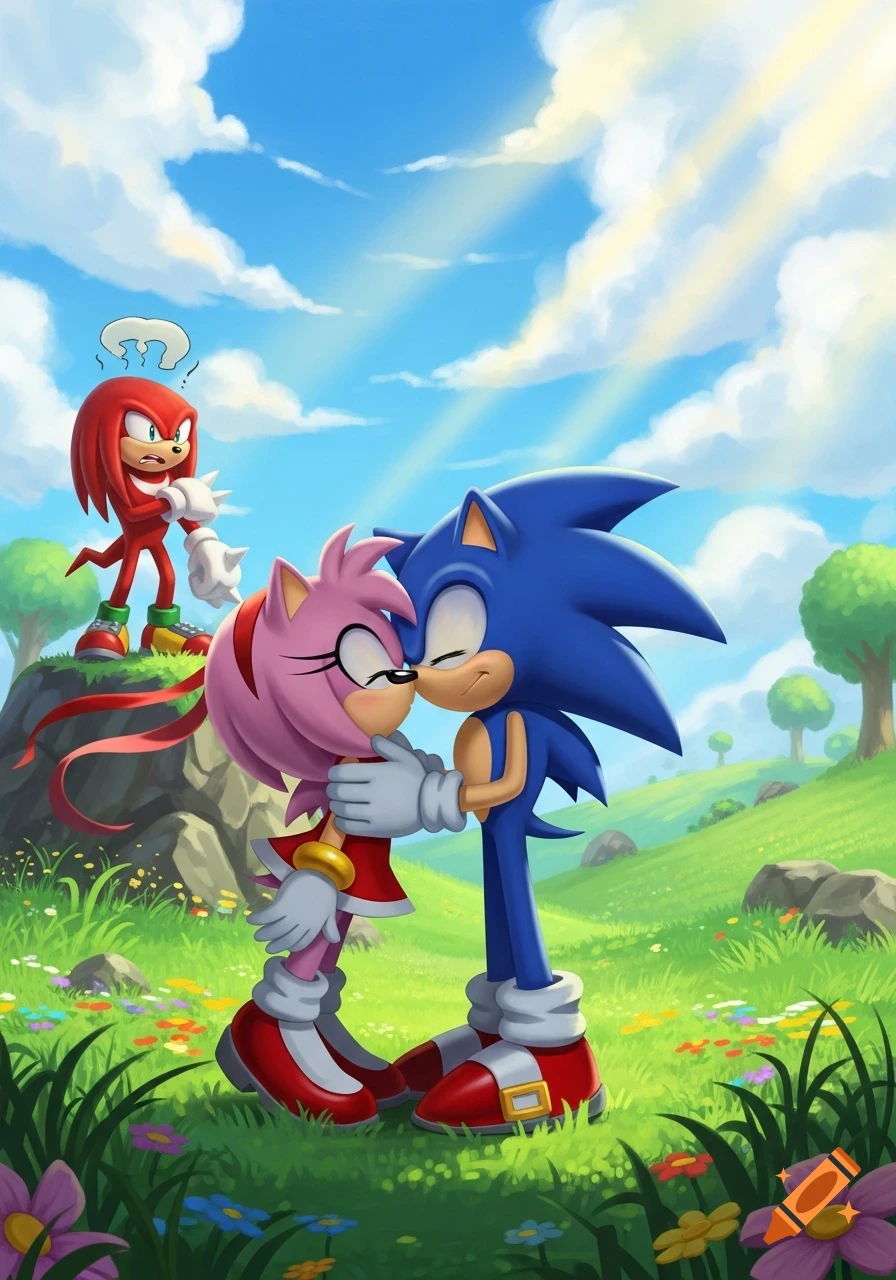 Sonic and Amy Rose kiss in a grassy field while Knuckles the Echidna watches in shock from a rock.
