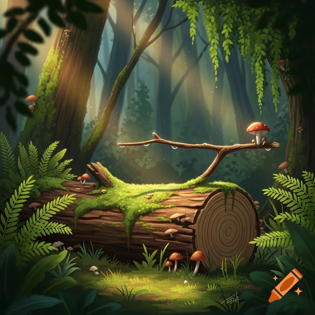Whimsical illustration of a mossy log on a forest floor, surrounded by ...