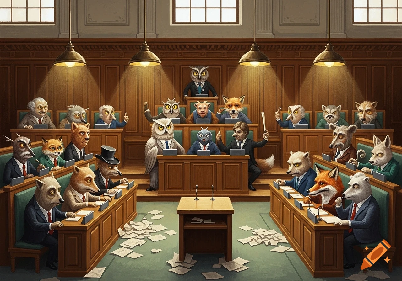 Anthropomorphic animals in suits debating in a wooden parliamentary ...