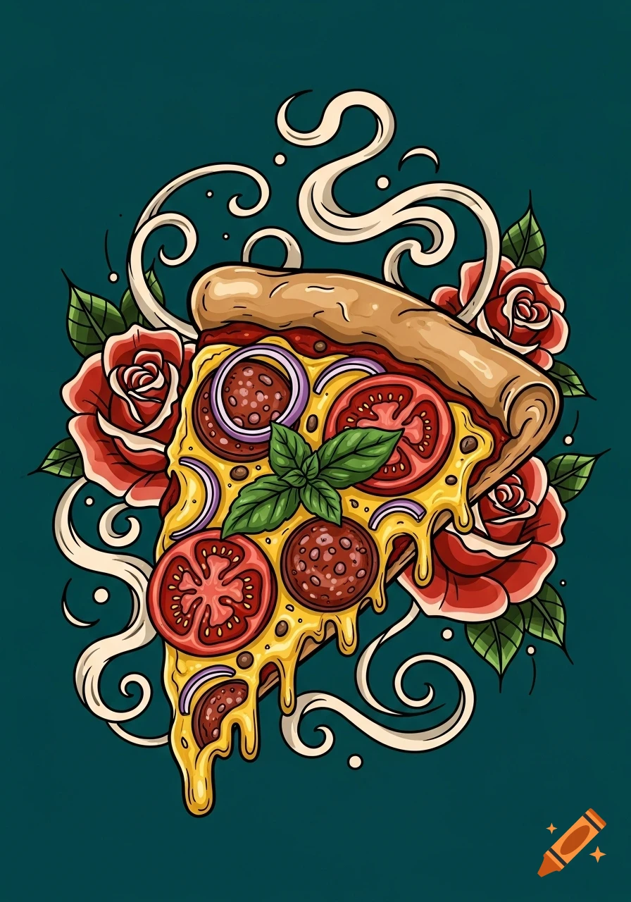 A stylized neo-traditional tattoo illustration of a pizza slice with melting cheese, pepperoni, tomatoes, onions, and basil, surrounded by red roses and swirling steam on a dark teal background.