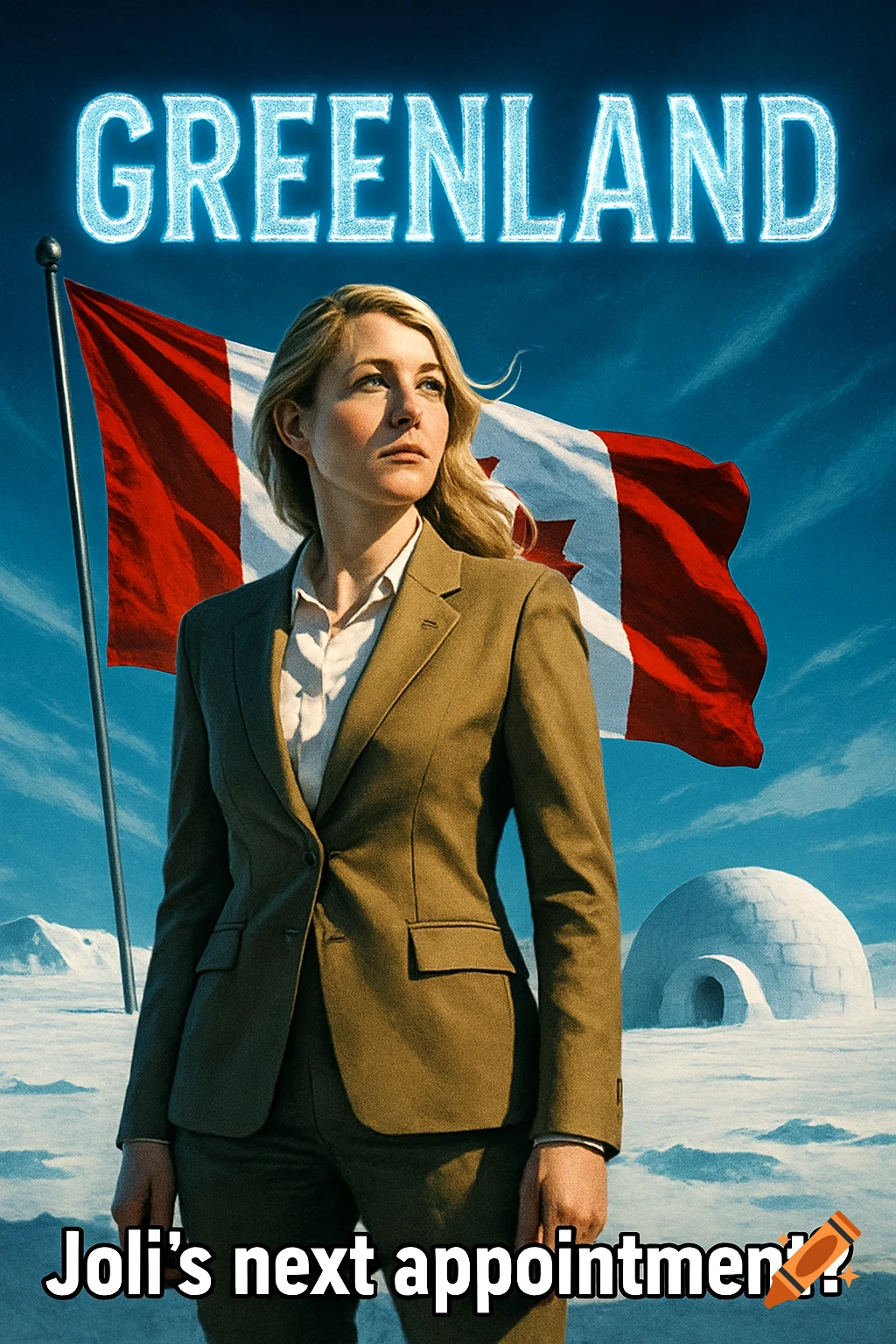 A blonde woman in a suit stands in an arctic landscape with a Canadian flag and an igloo, text 'GREENLAND' above, 'Joli's next appointment?' below.